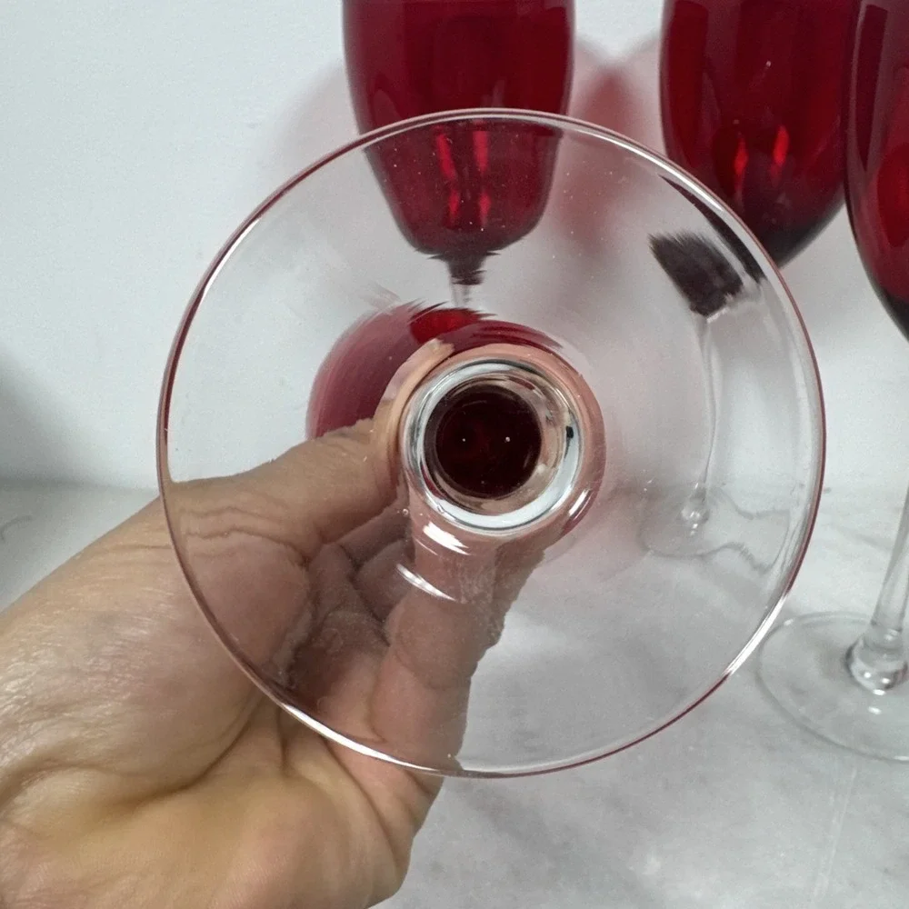 4 Red Glass Stemware Clear Stems Size 8 3/8